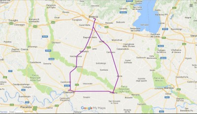 Itinerario del viaggio sulle linee Brescia - Cremona, Cremona - Mantova e Parma - Brescia. In totale l'itinerario prevede la percorrenza di 131 km con treni Regionali di Trenord.