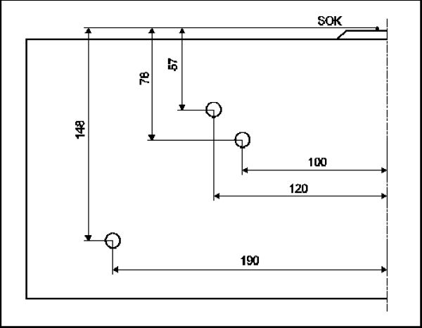 Figura 2: Disposizione dei fori rispetto all'asse del binario e al bordo superiore della rotaia