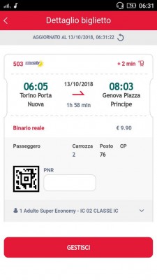 Biglietto elettronico per il treno Intercity Torino-Genova
