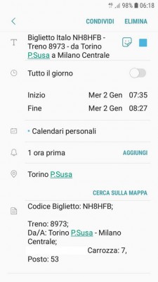 Promemoria per calendario con dati necessari per il viaggio