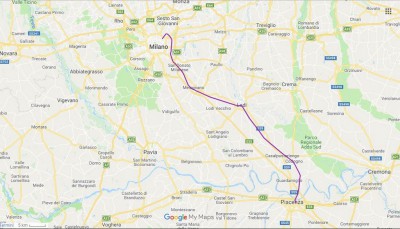 Itinerario a bordo del treno Regionale Veloce tra Milano e Piacenza. In uscita da Milano sono disponibili due linee ferroviarie: la linea &quot;storica&quot;, che da Milano Rogoredo tocca San Donato Milanese, Borgolombardo, San Giuliano Milanese e Melegnano, usata dai treni del servizio suburbano e la linea &quot;veloce&quot;, che da Milano Rogoredo costeggia dapprima la linea storica , poi scarta l'abitato di Melegnano e raggiunge direttamente l'ex Bivio Sordio (oggi PC Melegnano), usata dai treni a lunga percorrenza ed alta velocità. La linea ad alta velocità (Milano-Bologna) vera e propria inizia al Posto di Comunicazione Melegnano, sito poco prima di San Zenone al Lambro.