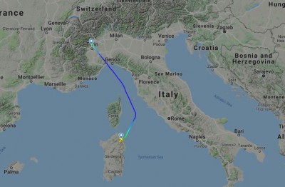 Itinerario del volo da Torino ad Olbia