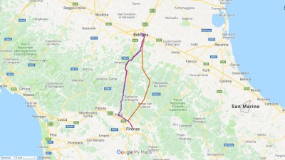 Linea &quot;Direttissima&quot; (in viola) e Alta Velocità (in arancio) tra Firenze e Bologna.