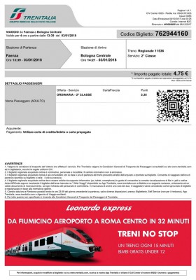 Biglietto elettronico regionale (BER) per la tratta Faenza-Bologna.