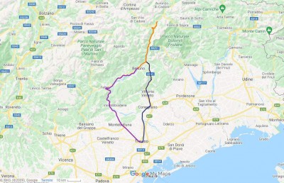Itinerario del viaggio con i due percorsi via Feltre e via Vittorio Veneto (Valle del Piave e Fadalto)