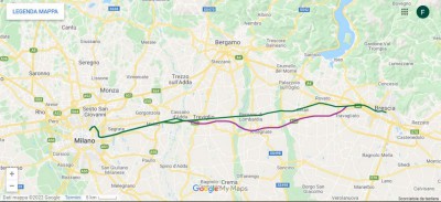 Itinerario Brescia-Milano. In viola la linea Alta Velocità, in verde la linea tradizionale.